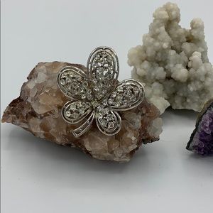Vintage silver rhinestone clover brooch